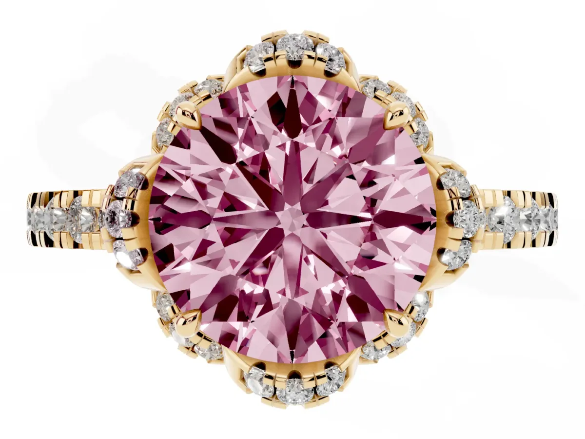 Fancy Pink Round Cut Halo Diamond Pave Band Ring with Four-Prong Setting Yellow gold