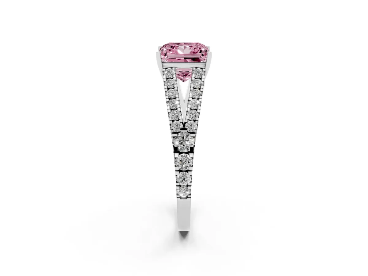 Fancy Pink Princess Cut Diamond Split Shank Pavé Engagement Ring with Four-Prong Setting Silver