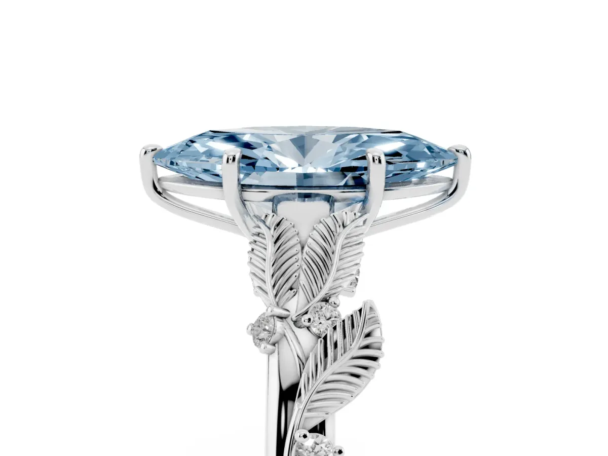 Fancy Blue Marquise Cut Diamond Solitaire Ring with Leaf Motif Band and Four-Prong Setting Platinum
