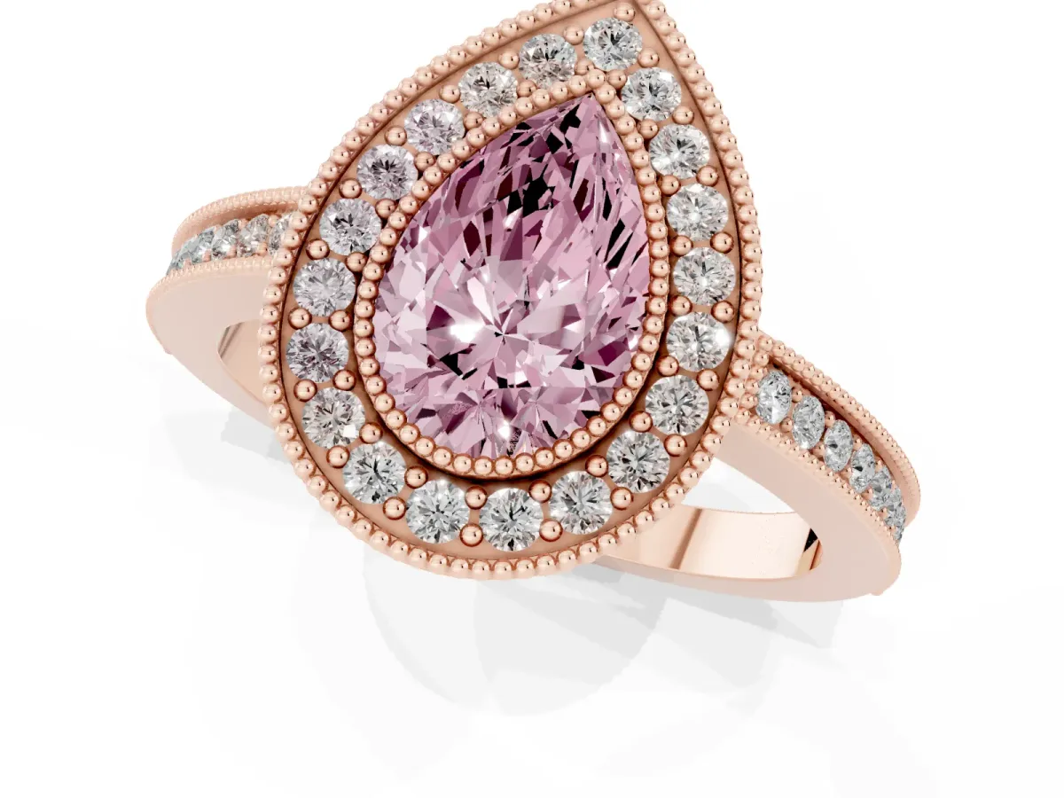 Fancy Pink Pear Cut Cut Halo Diamond Ring with Pavé Band and Milgrain Prong Setting Rose gold