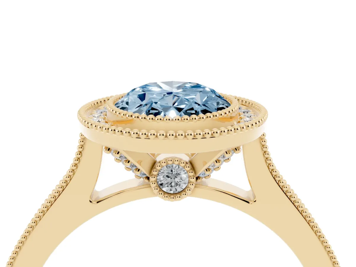 Fancy Blue Halo Oval Cut-Cut Diamond Pave Band Milgrain Prong Setting Ring Yellow gold