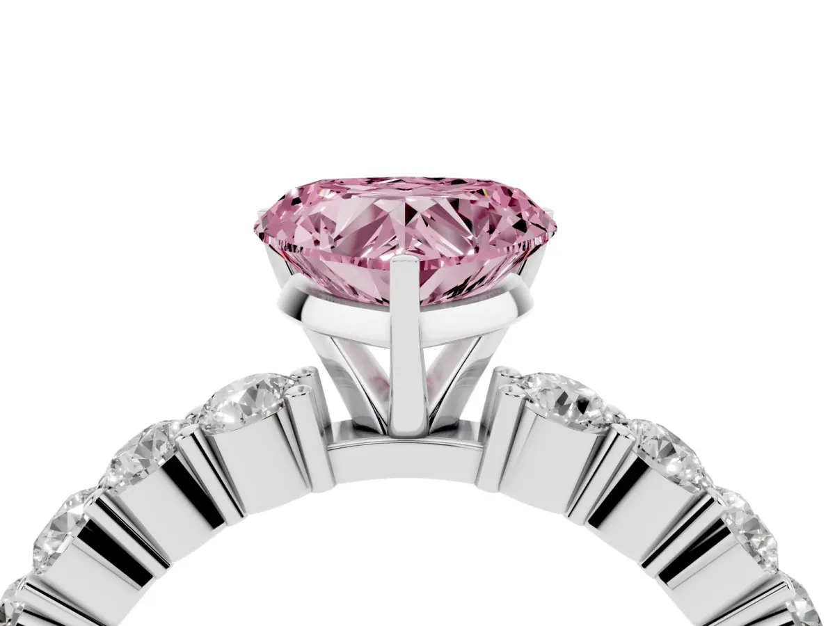 Fancy Pink Heart Cut Diamond Solitaire Ring with Shared Prong Round Side Stones Silver