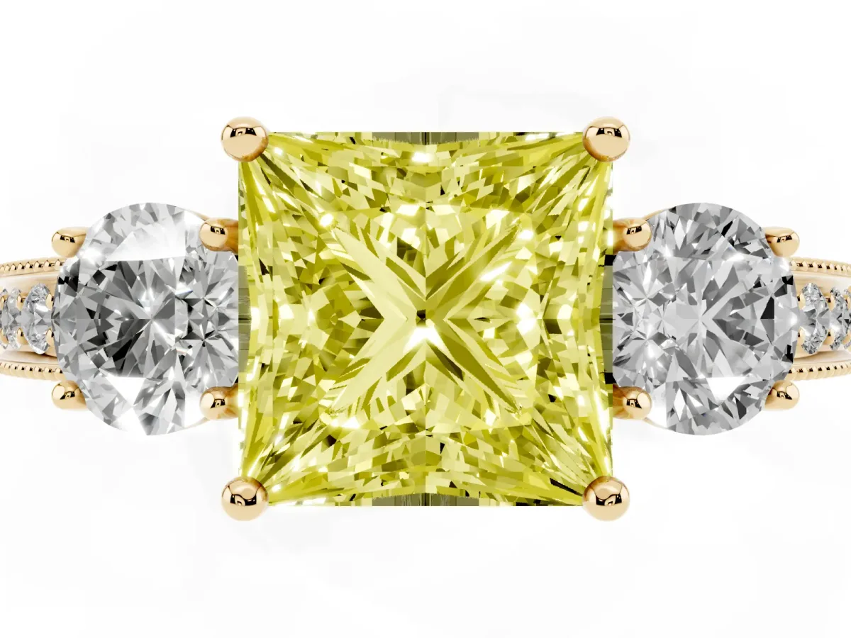 Fancy Yellow Princess Cut Three-Stone Diamond Ring with Pavé Band and Four-Prong Setting Yellow gold