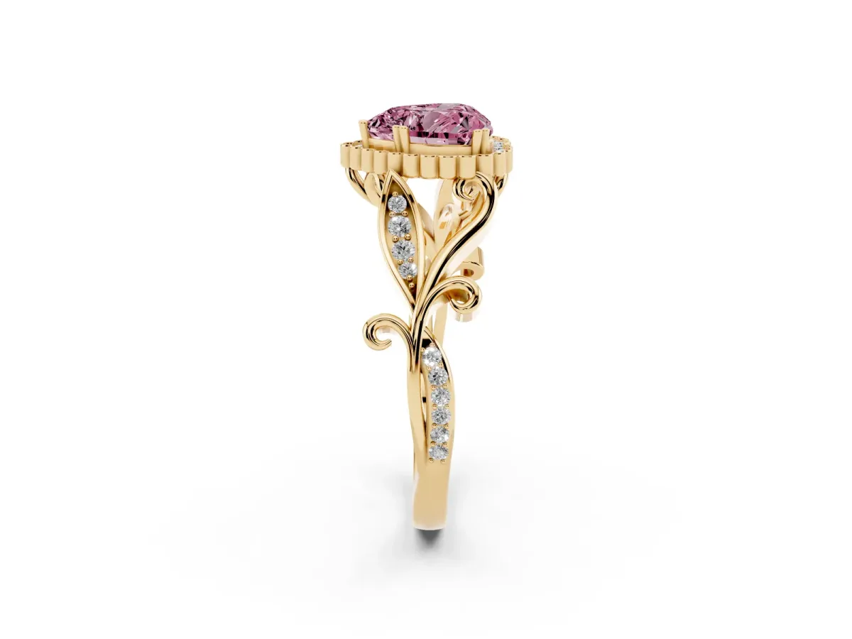 Fancy Pink Heart Cut Diamond Halo Ring with Vintage Split Shank and Four-Prong Setting Yellow gold