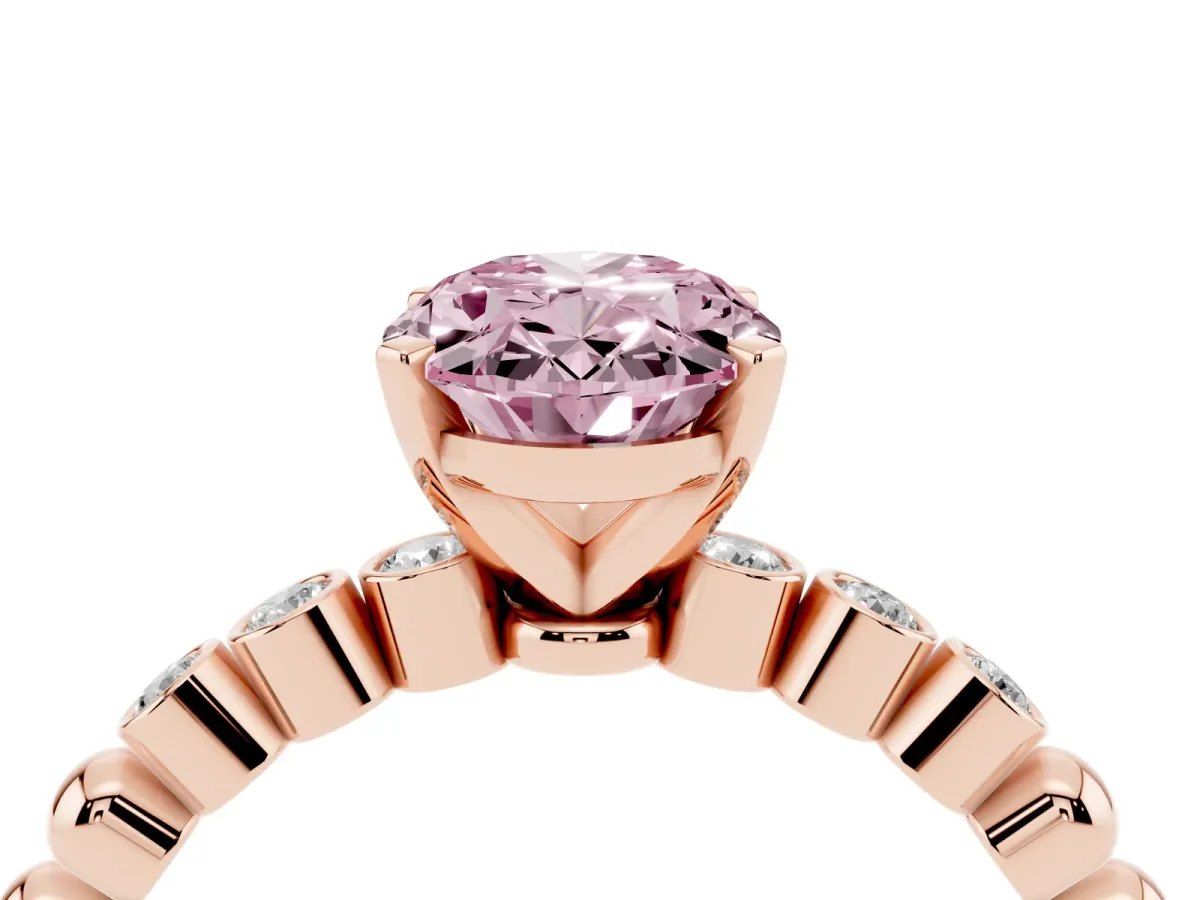 Fancy Pink Oval Cut Solitaire Bezel Accent Diamond Engagement Ring with Beaded Band and Four-Prong Setting Rose gold