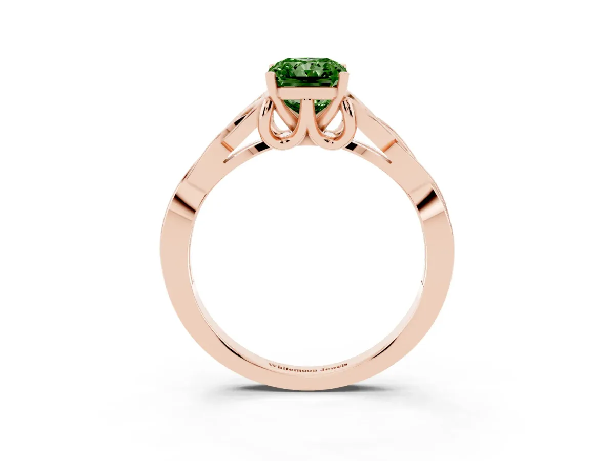 Fancy Green Radiant Cut Diamond Solitaire Engagement Ring with Celtic Knot Band and Four-Prong Setting Rose gold