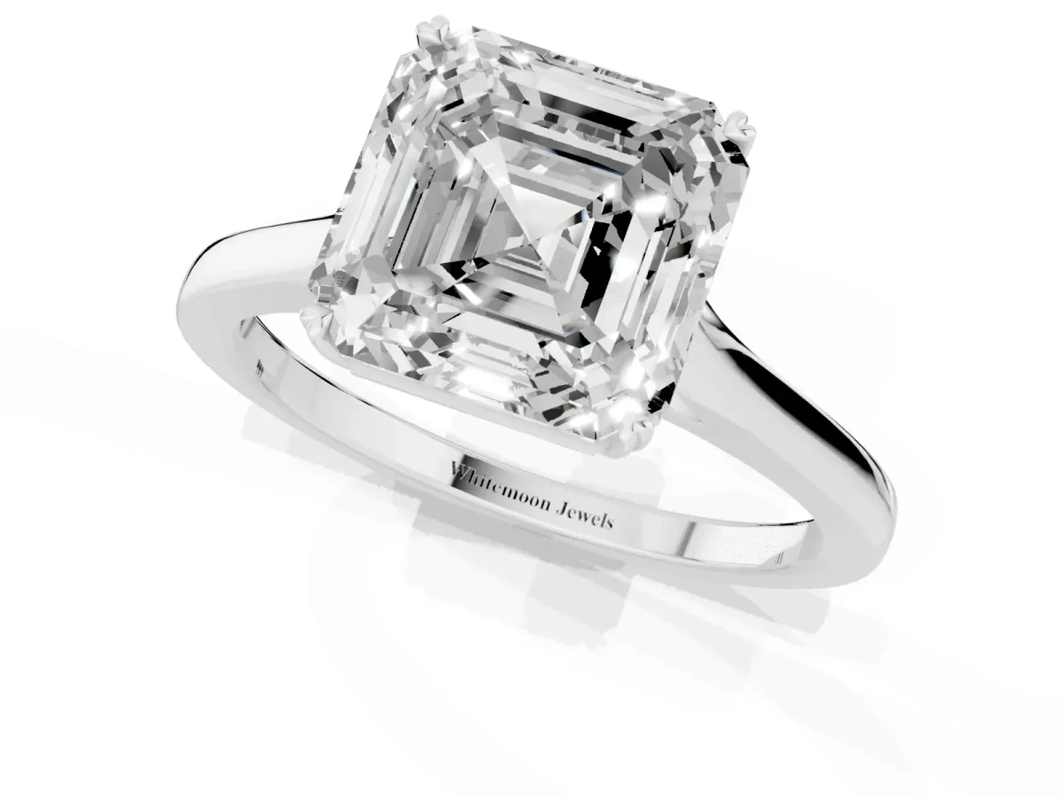 Asscher Cut Solitaire Heart Prong Engagement Ring with Tapered Band Silver