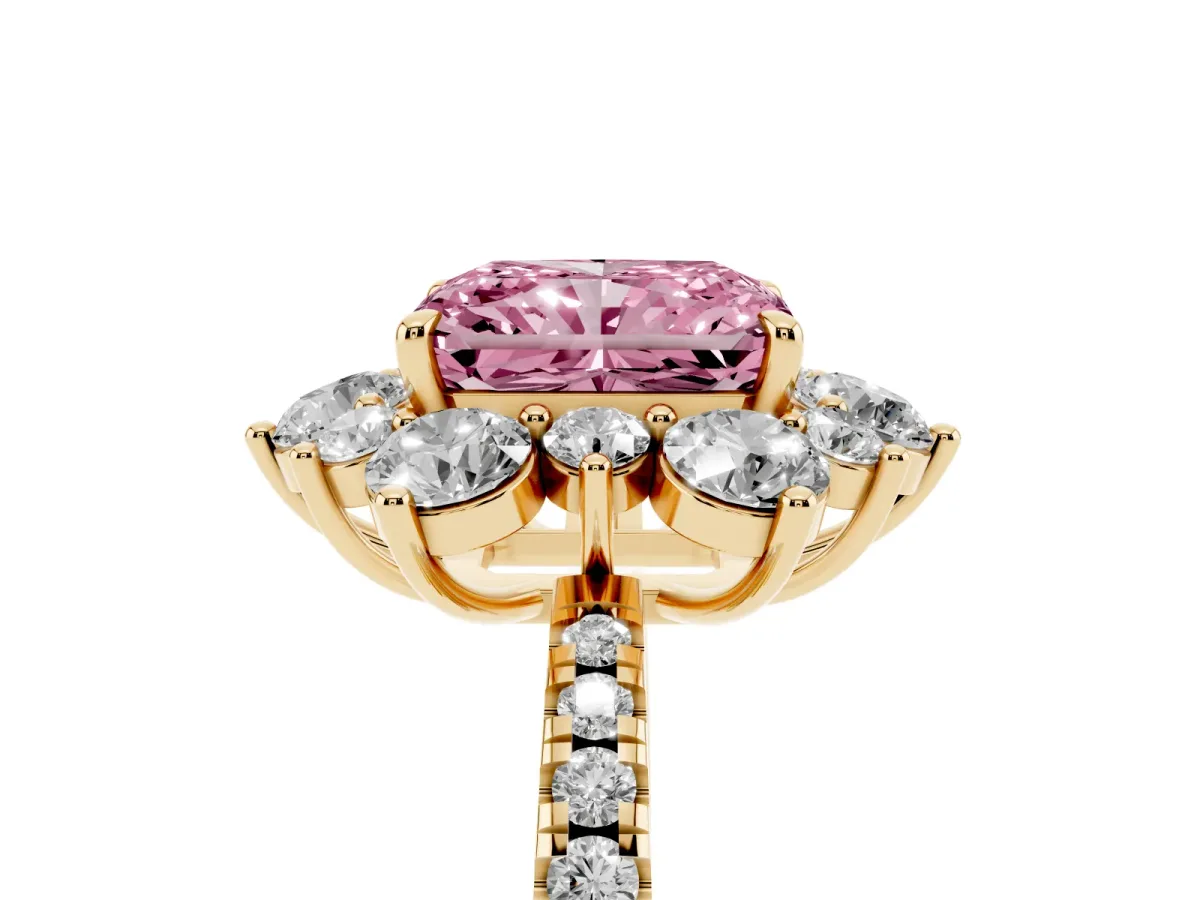 Fancy Pink Radiant Cut Diamond Floral Halo Ring with Round Pavé Band and Prong Setting Yellow gold