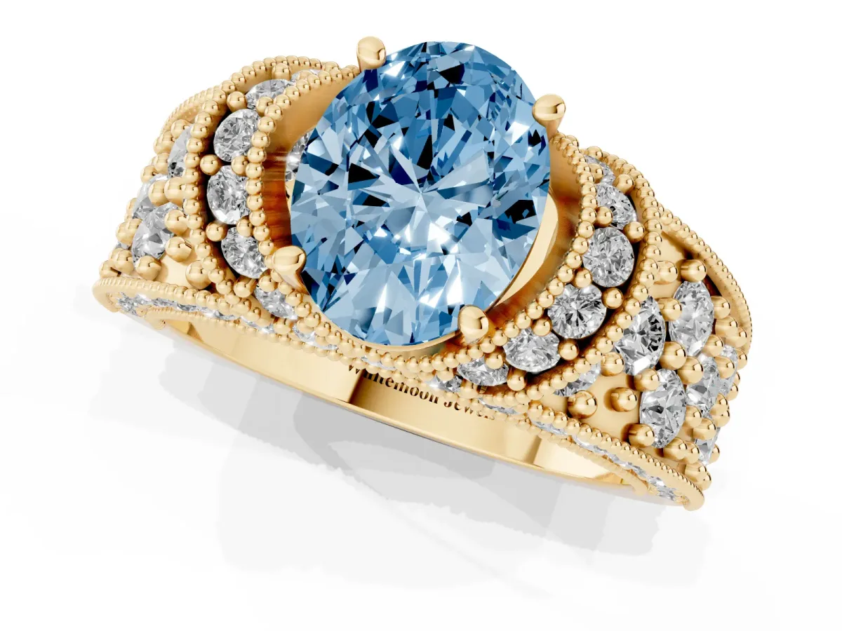Fancy Blue Oval Cut Halo Pave Diamond Engagement Ring with Milgrain Detailing Yellow gold