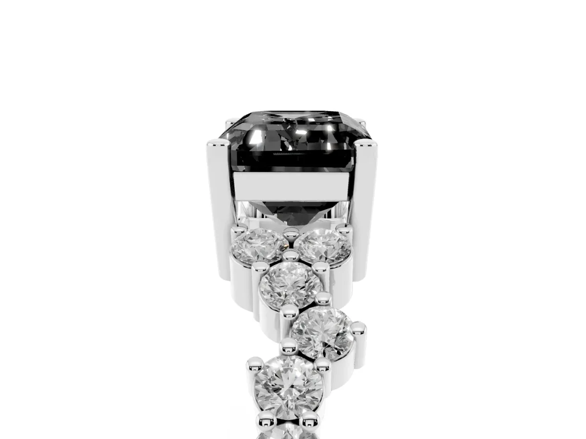 Fancy Black Emerald Cut Diamond Scattered Round Accent Ring with Prong Setting Silver