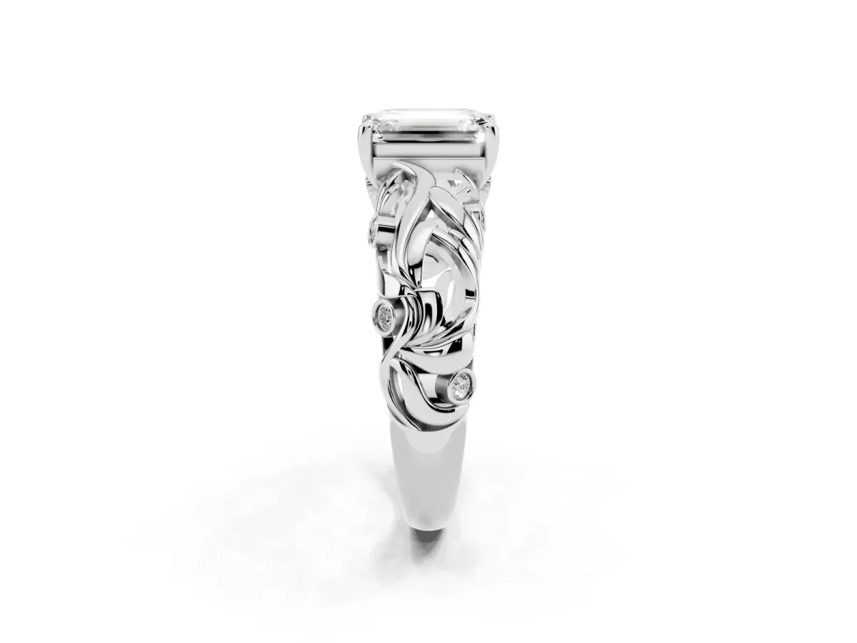 Emerald Cut Solitaire Diamond Leaf-Inspired Vine Band Ring with Prong Setting Platinum