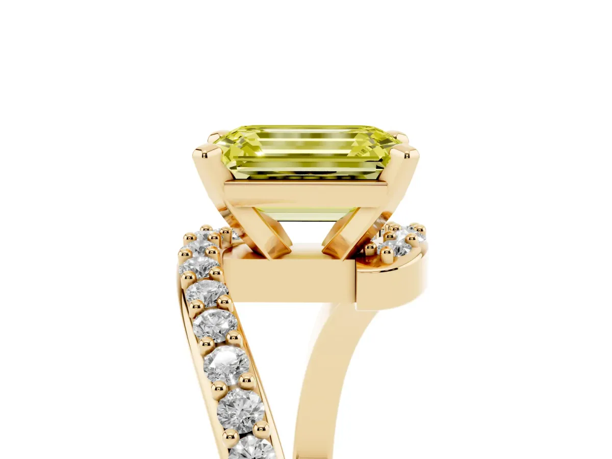 Fancy Yellow Emerald Cut Solitaire Twist Band with Pave Set Diamonds and Four-Prong Setting Yellow gold