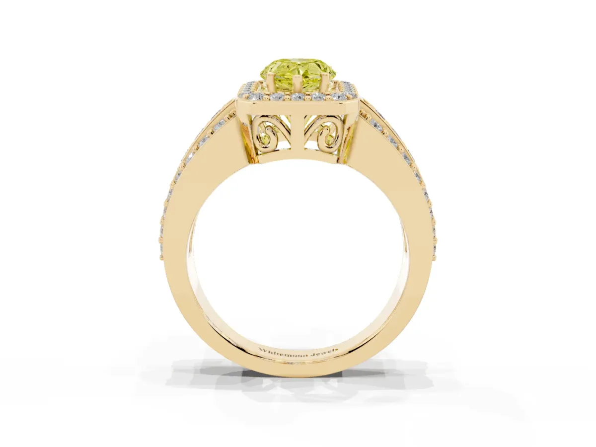 Fancy Yellow Pear Cut Halo Diamond Ring with Round Split Shank and Prong Setting Yellow gold