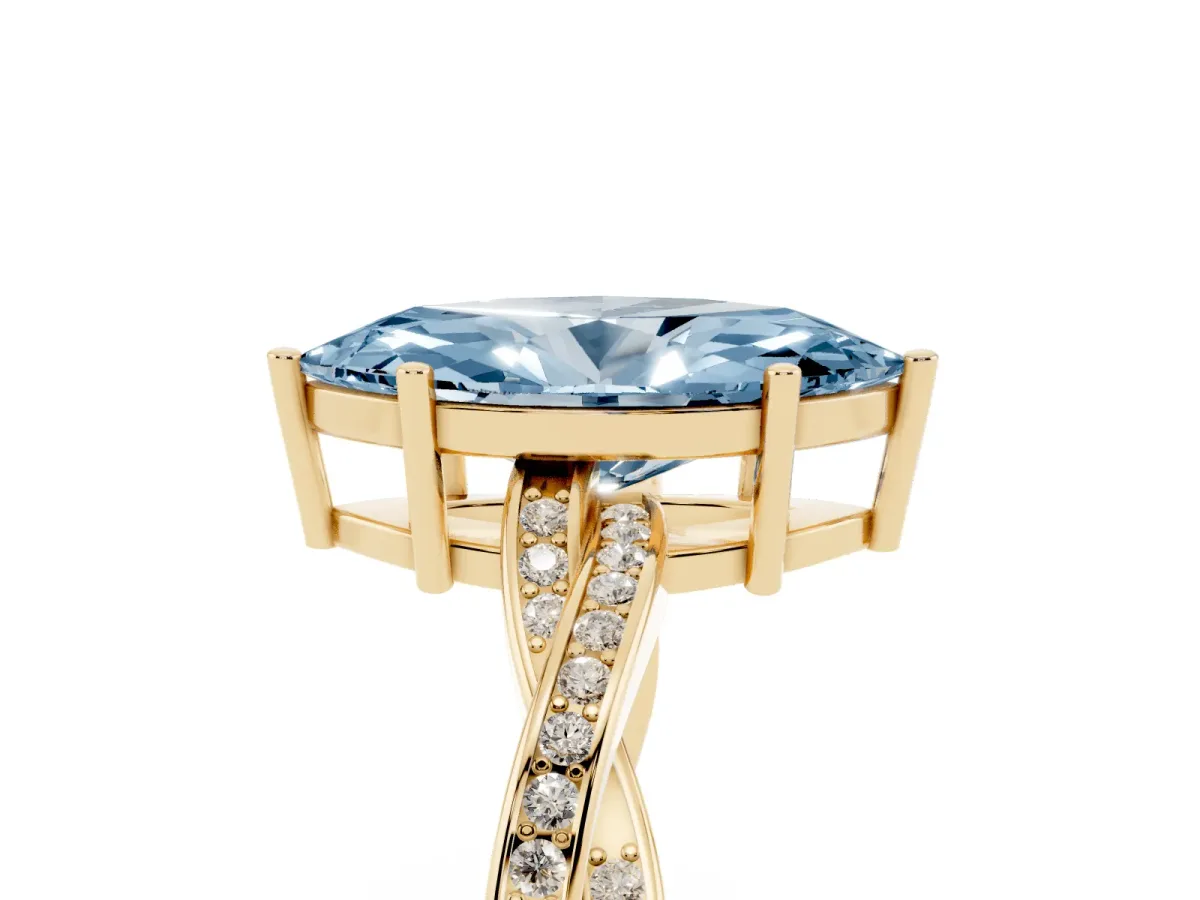 Fancy Blue Marquise Cut Solitaire Twisted Pave Diamond Ring with Four-Prong Setting Yellow gold
