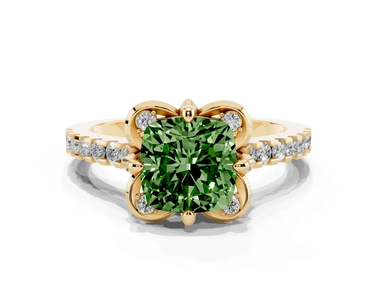 Fancy Green Cushion Cut Diamond Ring with Pavé Band and Floral Prong Setting Yellow gold
