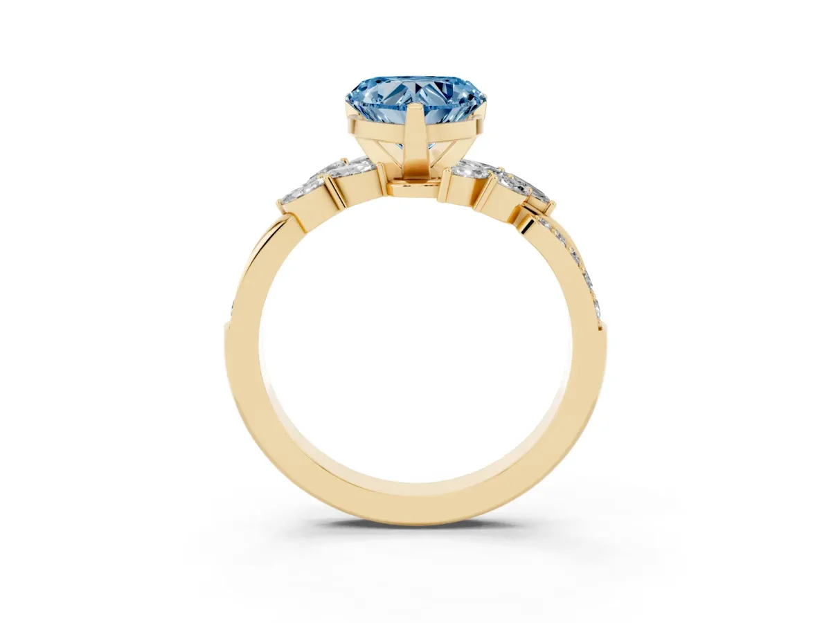 Fancy Blue Heart Cut Solitaire Marquise Twist Band with Six-Prong Setting Yellow gold