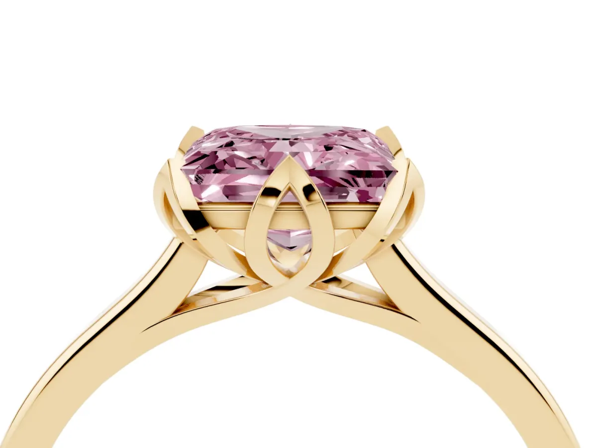 Fancy Pink Princess Cut Diamond Solitaire Ring with Flower Prong Setting and Classic Band Yellow gold