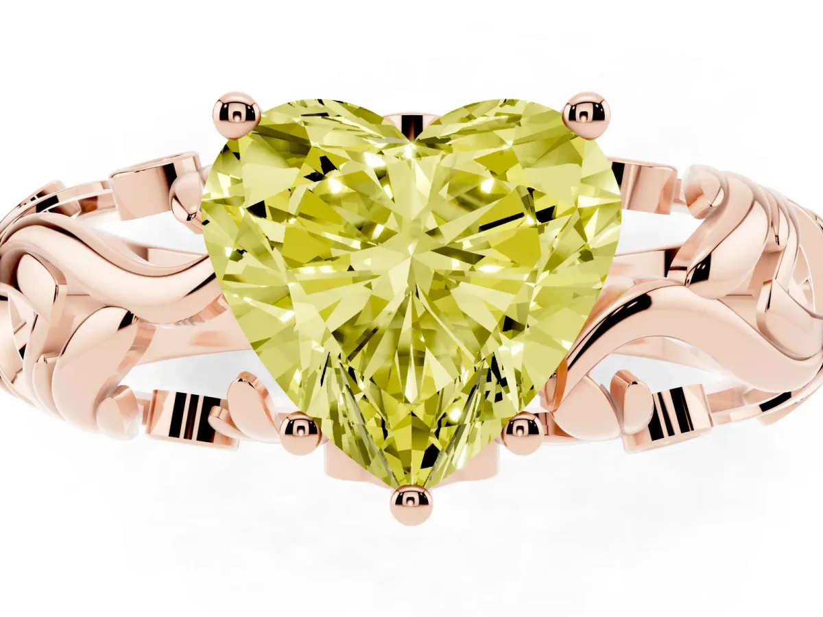 Fancy Yellow Heart Cut Solitaire Diamond Leaf-Inspired Vine Band Ring with Prong Setting Rose gold