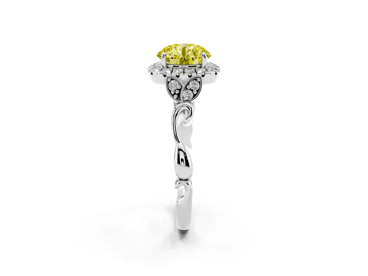 Fancy Yellow Round Cut Halo Diamond Engagement Ring with Vintage-Inspired Band and Four-Prong Setting Silver