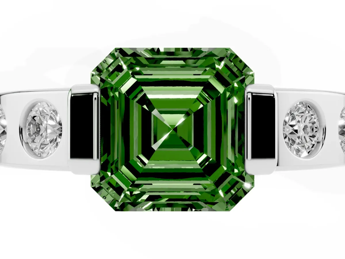 Fancy Green Asscher Cut Brilliant Channel-Set Diamond Ring with Bezel Prong Setting Silver