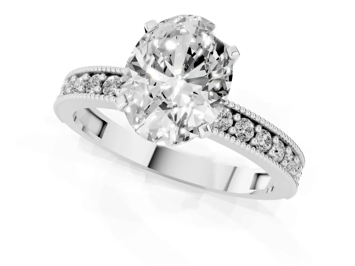 Oval Cut Diamond Milgrain Pavé Engagement Ring with Four-Prong Setting White gold