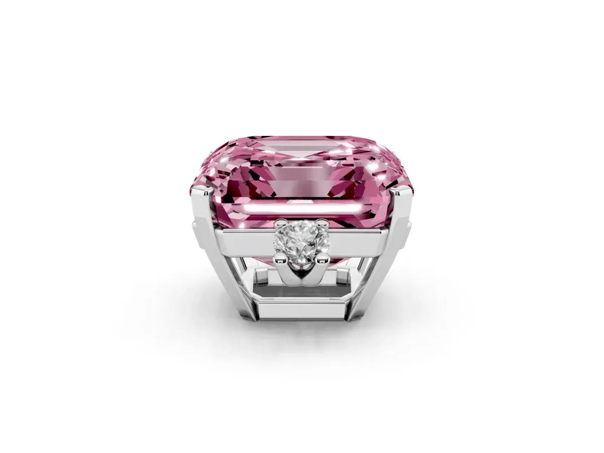 Fancy Pink Asscher Cut Cut Three-Stone Solitaire Ring with Round Accent Diamonds and Four-Prong Setting Silver