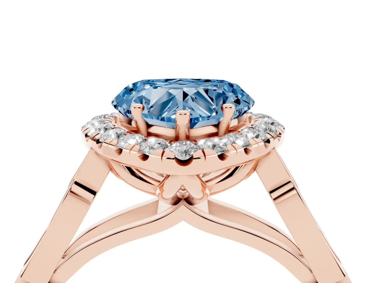 Fancy Blue Heart Cut Halo Diamond Engagement Ring with Filigree Band and Four-Prong Setting Rose gold