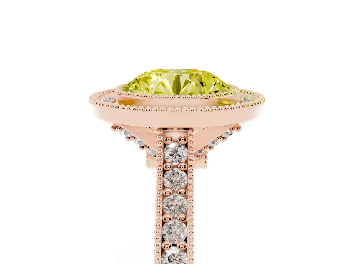 Fancy Yellow Halo Round Cut-Cut Diamond Pave Band Milgrain Prong Setting Ring Rose gold