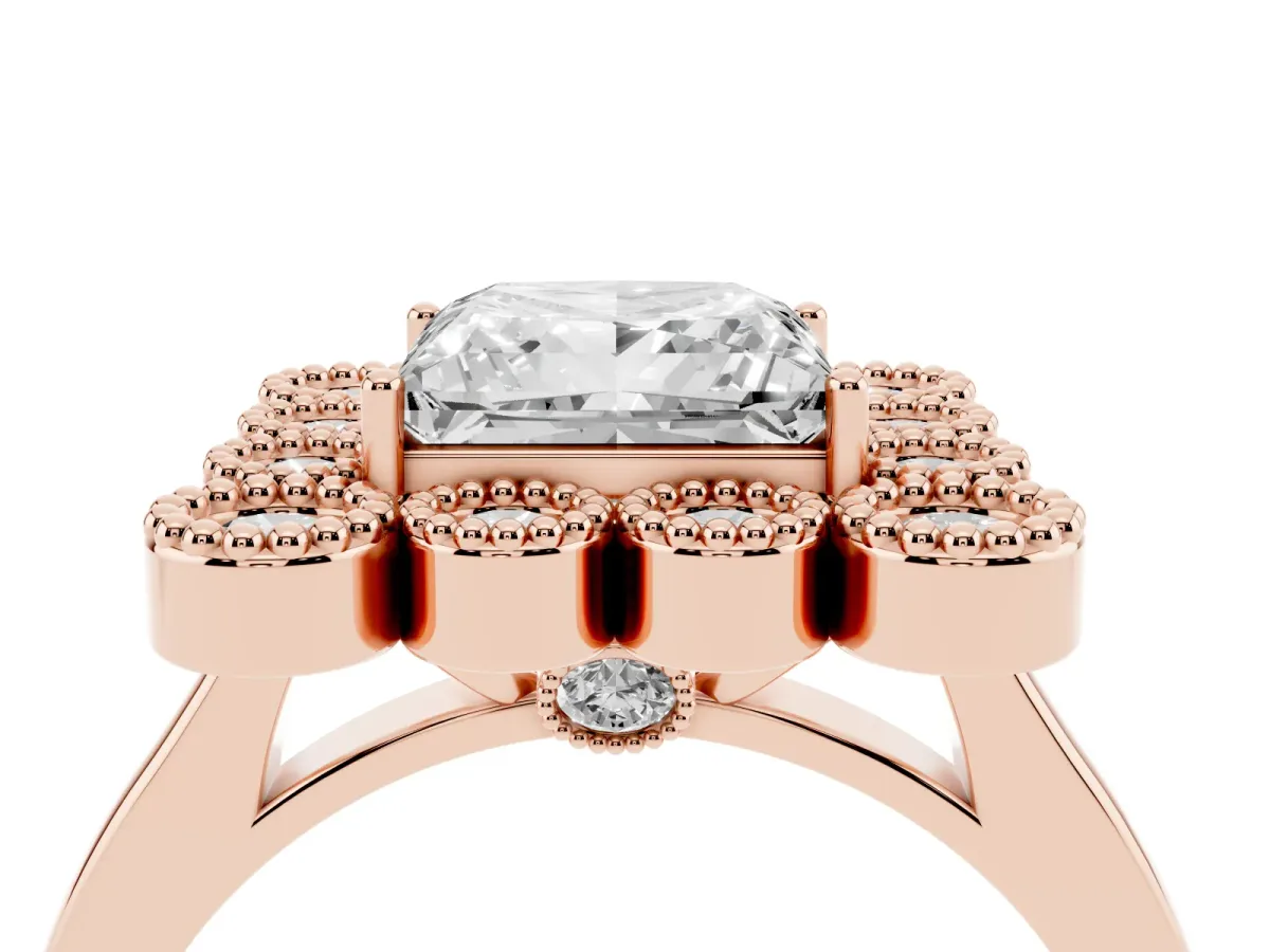 Princess Cut Halo Diamond Cluster Engagement Ring with Milgrain Bezel Setting and Solitaire Band Rose gold