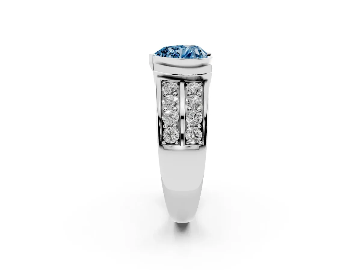 Fancy Blue Heart Cut Brilliant Diamond Channel Set Wide Band Ring with Bezel Setting Silver