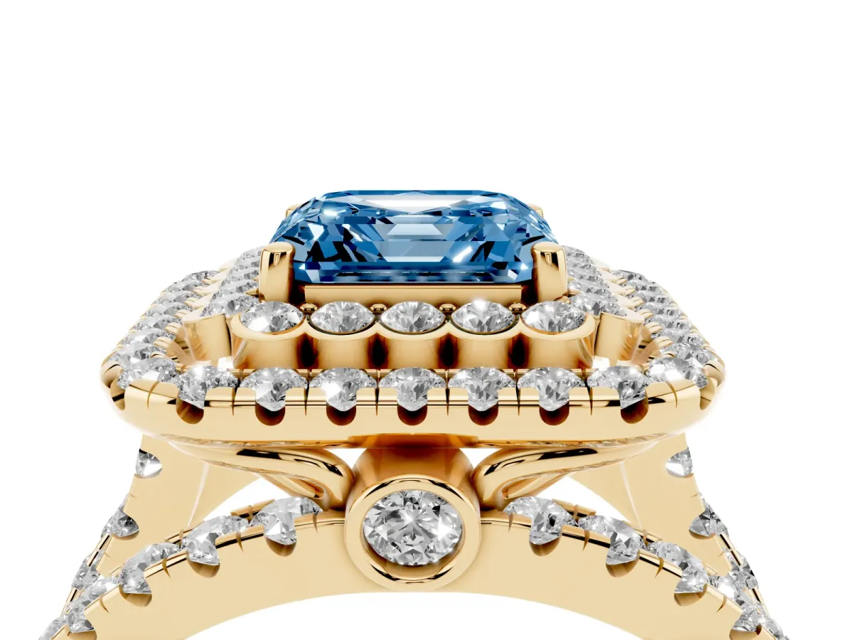Fancy Blue Asscher Cut Diamond Double Halo Ring with Round Pavé Split Shank and Prong Setting Yellow gold