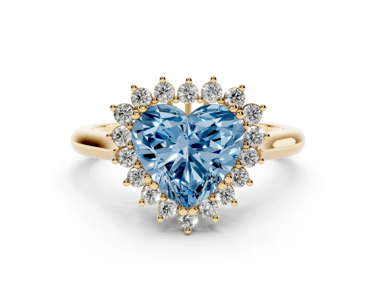Fancy Blue Heart Cut Cut Diamond Halo Ring with Solitaire Band and Prong Setting Yellow gold
