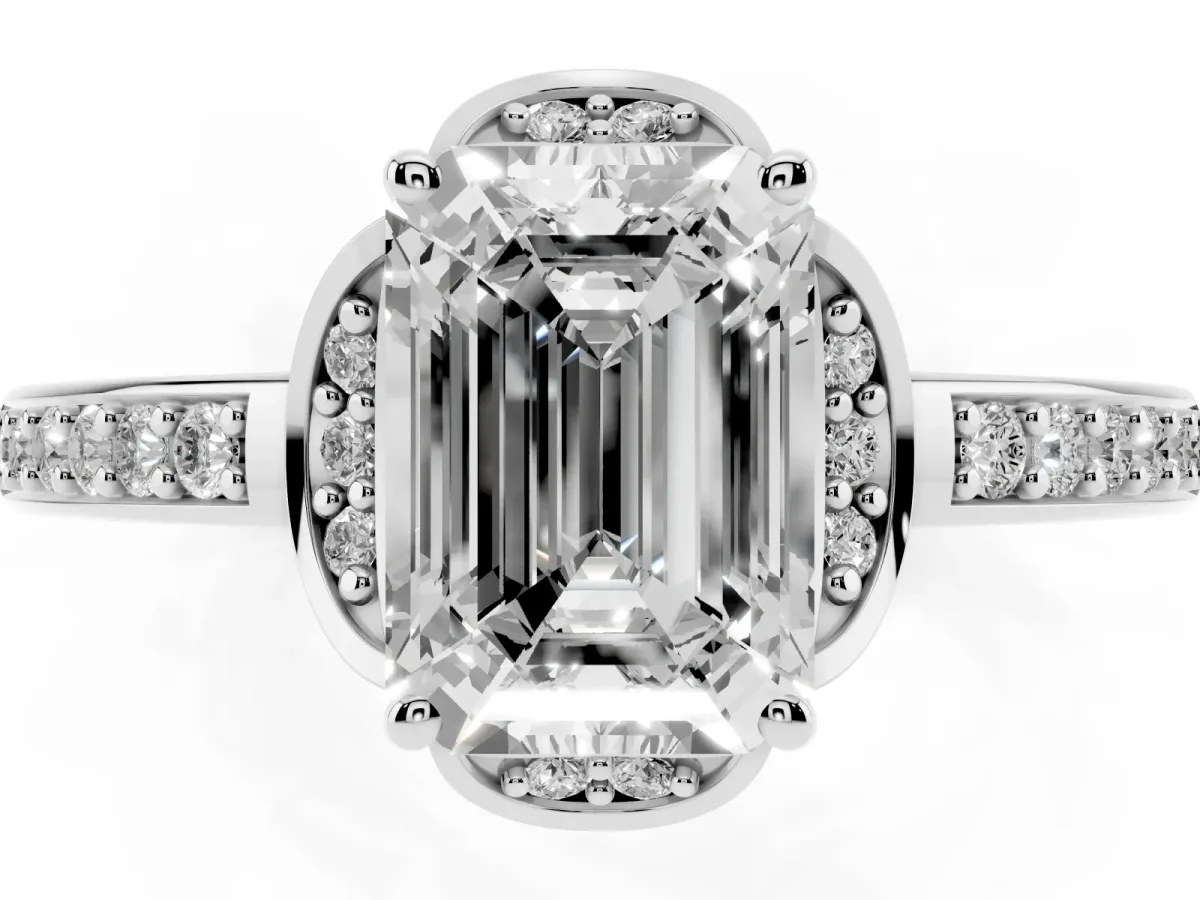 Emerald Cut Cut Halo Diamond Ring with Channel Set Band and Four-Prong Setting Silver