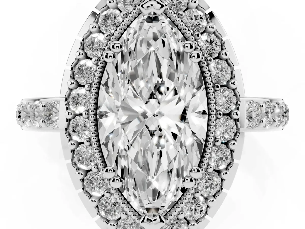 Marquise Cut Diamond Halo Ring with Pavé Band and Prong Setting White gold