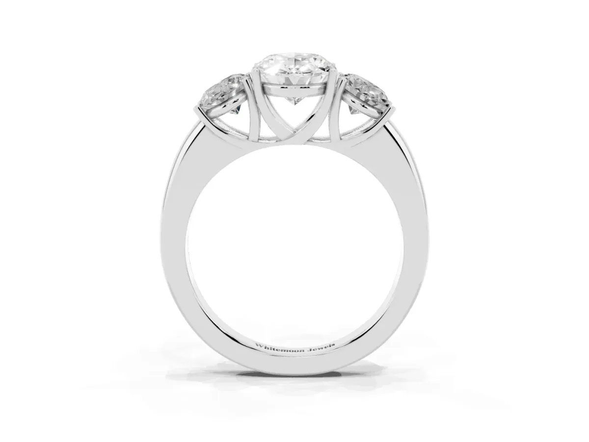 Oval Cut Diamond Three-Stone Ring with Four-Prong Setting and Classic Band Platinum