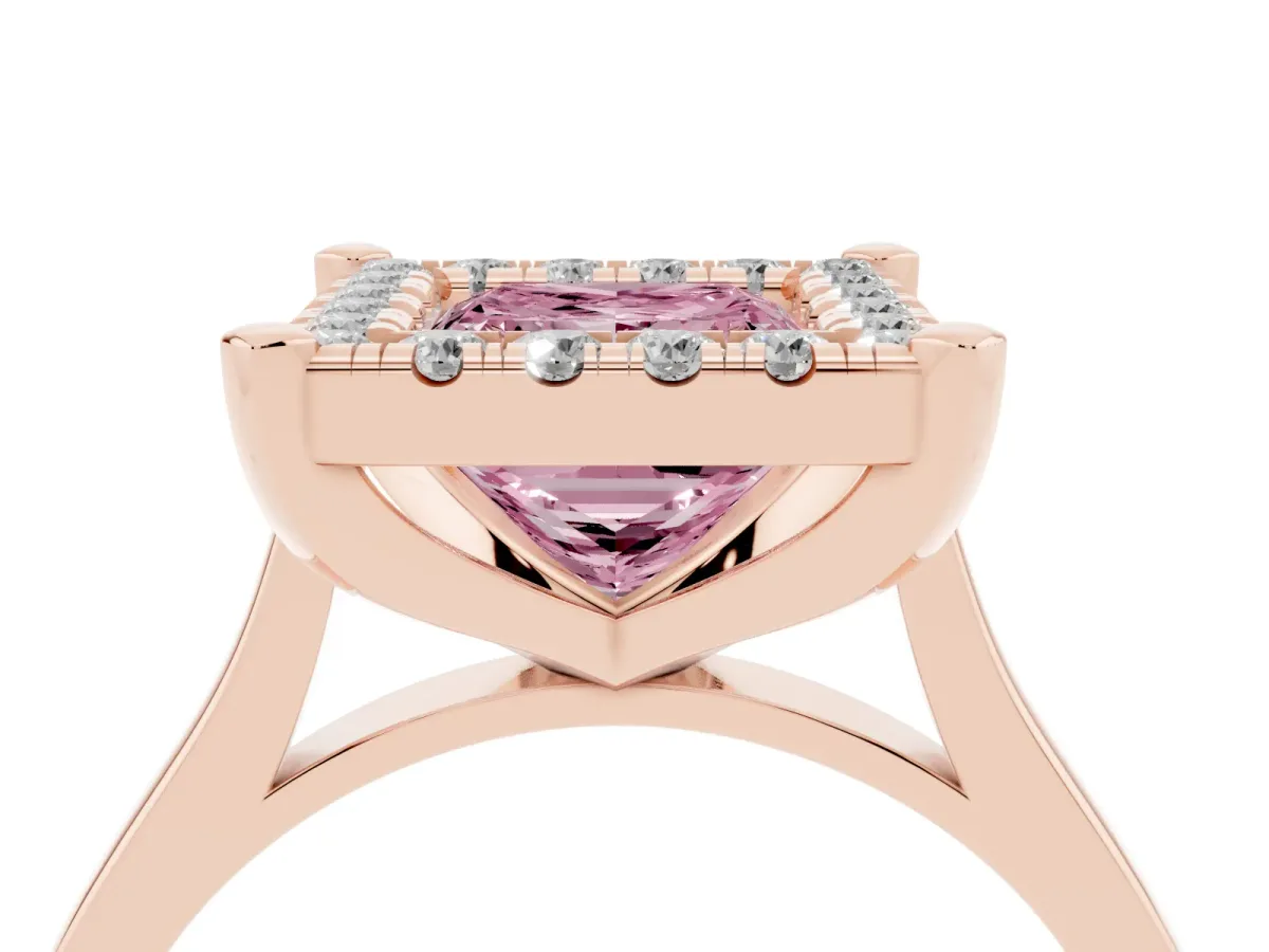 Fancy Pink Princess Cut Diamond Cluster Halo Solitaire with Four-Prong Setting Rose gold