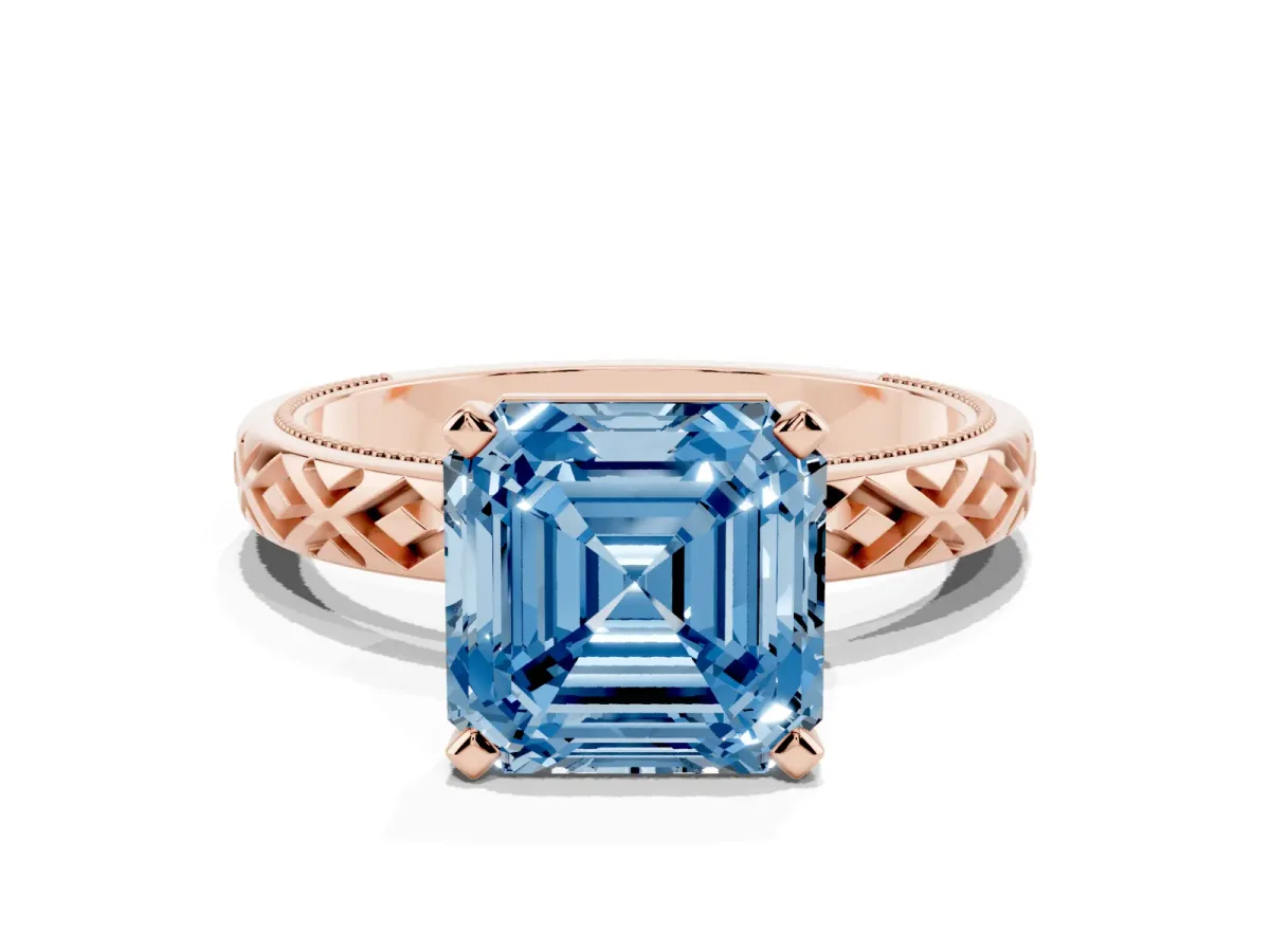 Fancy Blue Asscher Cut Solitaire Diamond Ring with Milgrain and Black Enamel X Pattern Band Rose gold