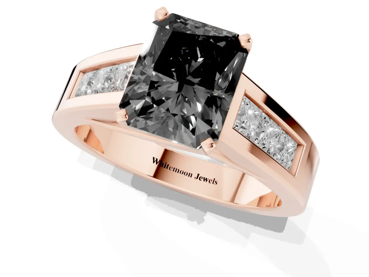 Fancy Black Radiant Cut Cut Channel Set Solitaire Ring with Four-Prong Setting Rose gold