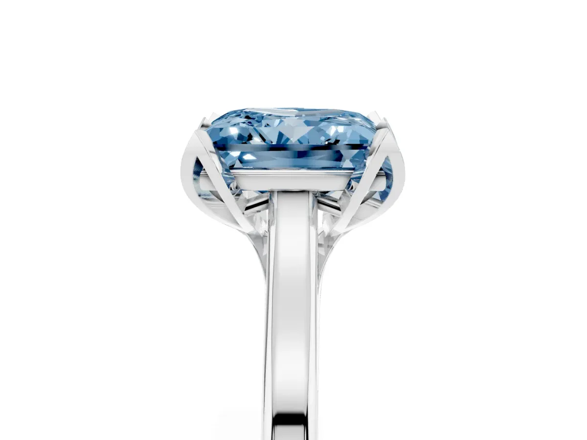 Fancy Blue Princess Cut Diamond Solitaire Ring with Flower Prong Setting and Classic Band Silver