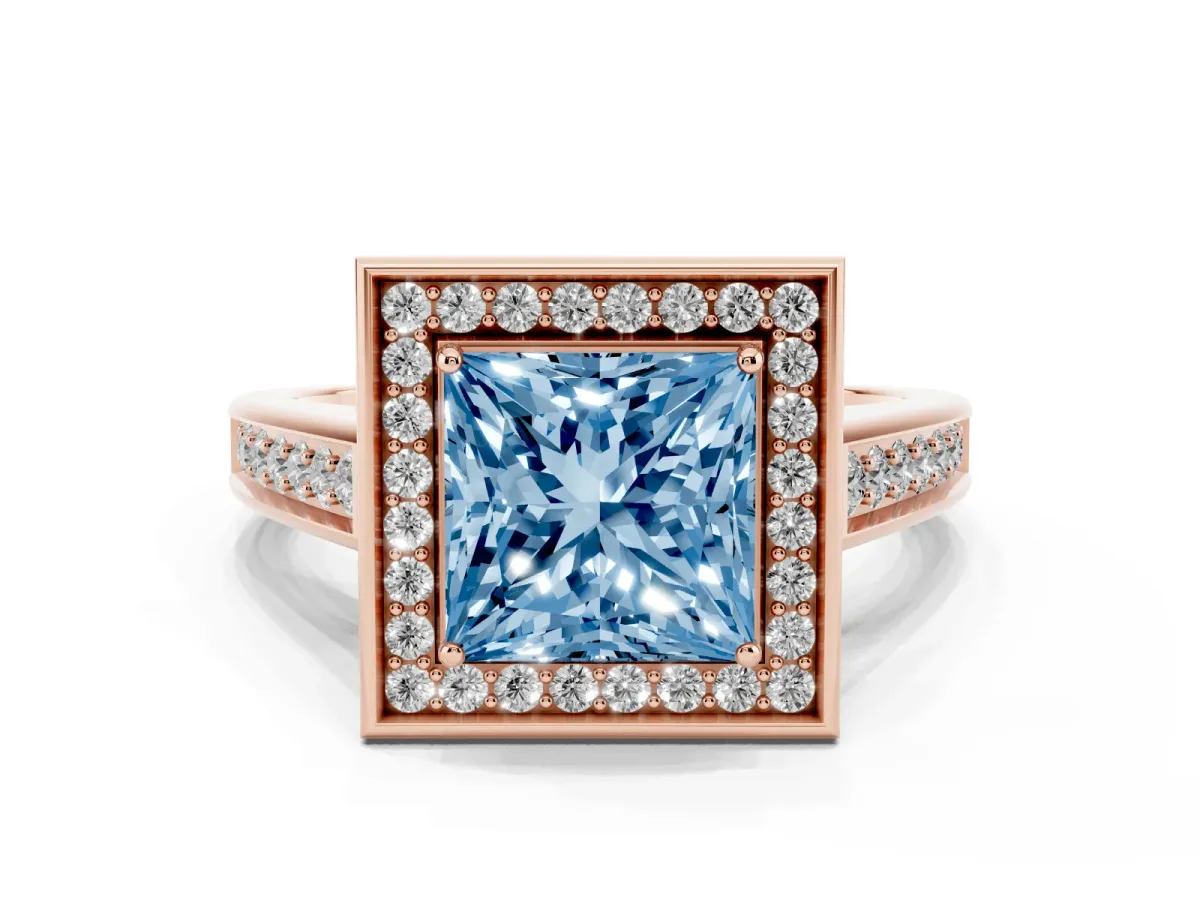 Fancy Blue Princess Cut Halo Solitaire Diamond Ring with Pave Band and Bezel Setting Rose gold