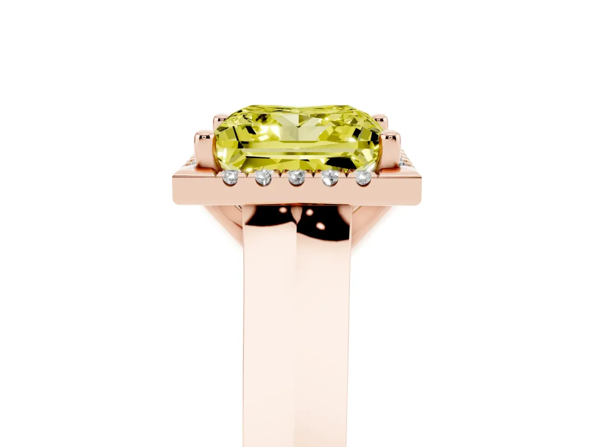 Fancy Yellow Princess Cut Halo Diamond Ring with Cathedral Band and Four-Prong Setting Rose gold
