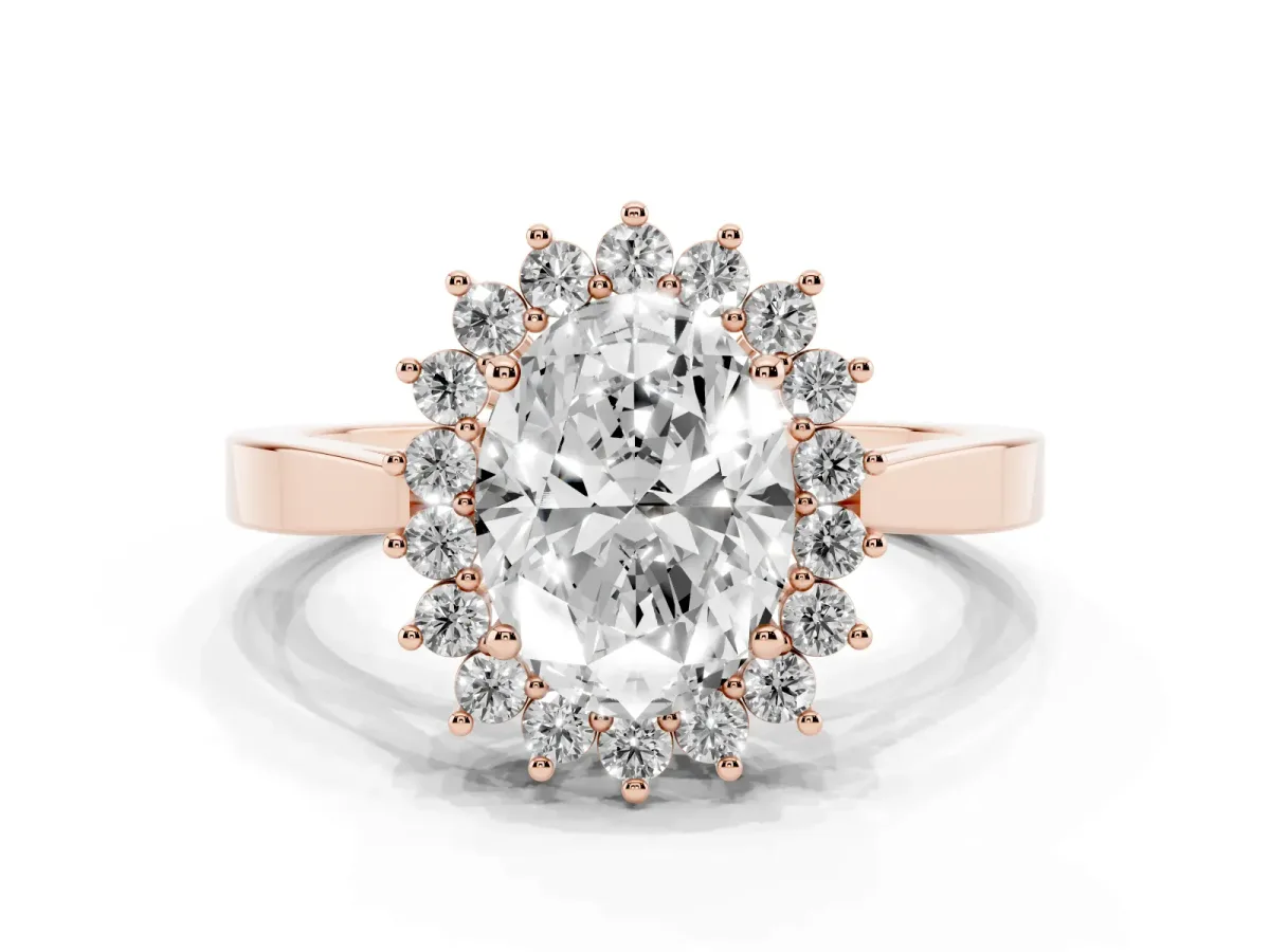 Oval Cut Cut Diamond Halo Ring with Round Brilliant Halo and Solitaire Band Rose gold