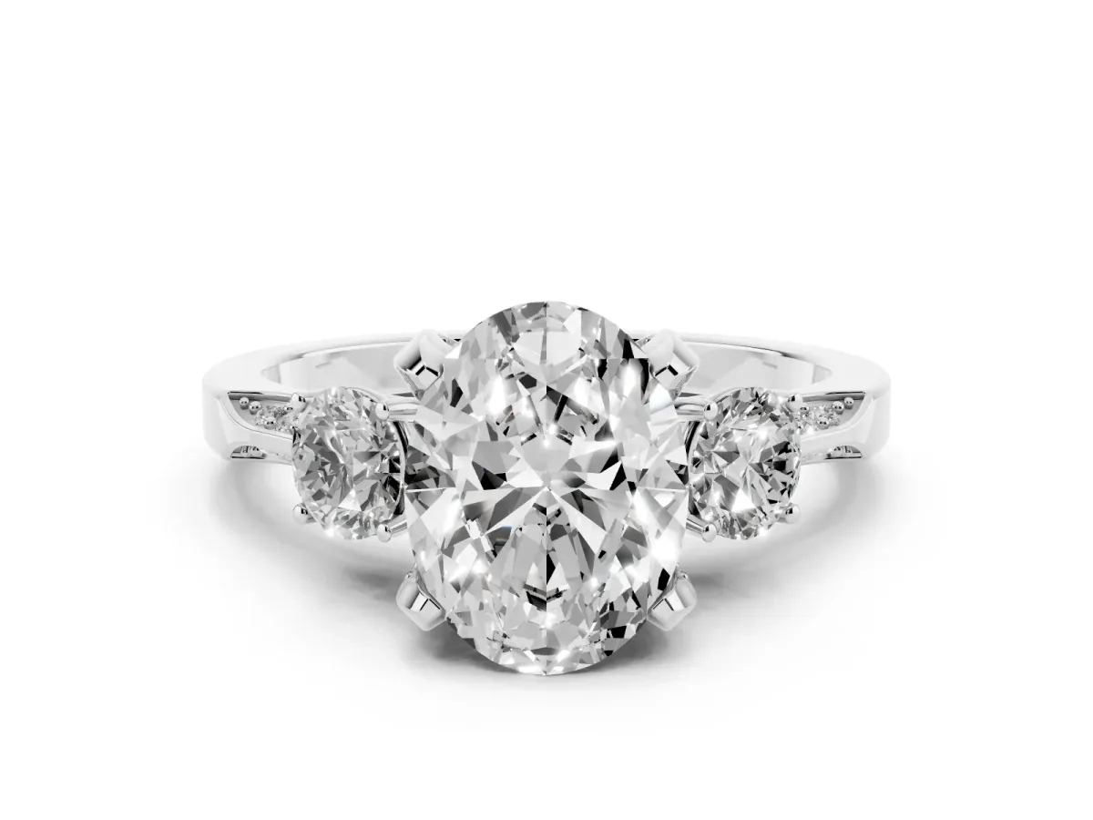 Oval Cut Brilliant Three-Stone Diamond Ring with Pavé Band and Four-Prong Setting Silver