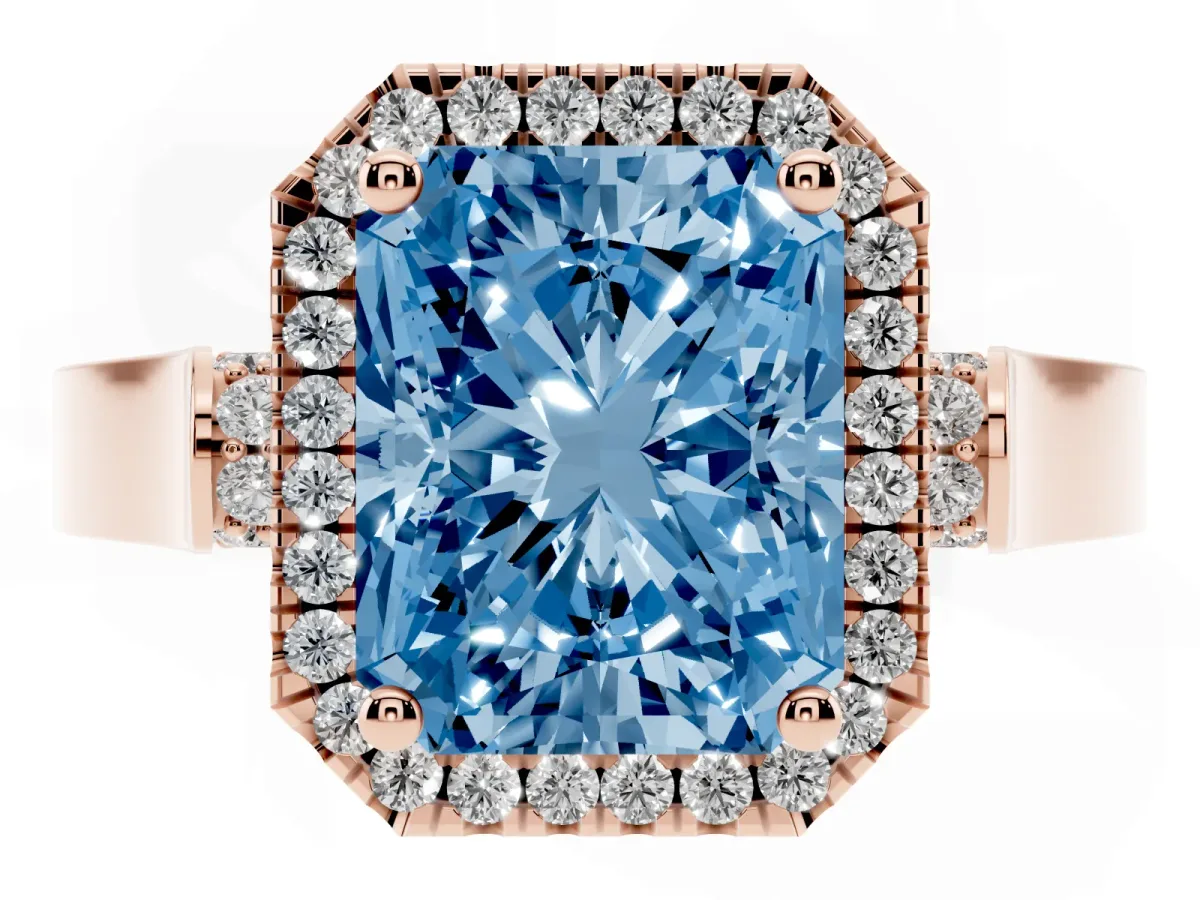 Fancy Blue Radiant Cut Halo Round Diamond Twist Band with Four-Prong Setting Rose gold