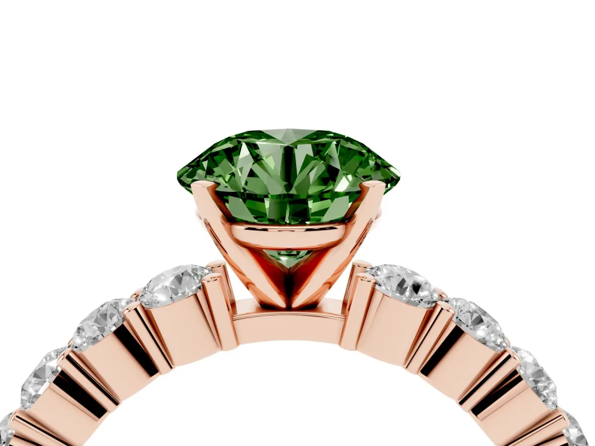 Fancy Green Round Cut Diamond Solitaire Ring with Shared Prong Round Side Stones Rose gold