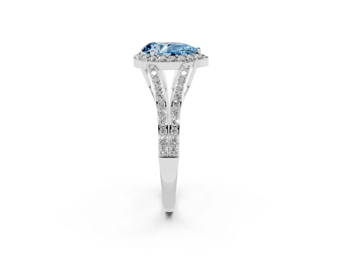 Fancy Blue Pear Cut Halo Split Shank Pave Diamond Ring with Four-Prong Setting Platinum