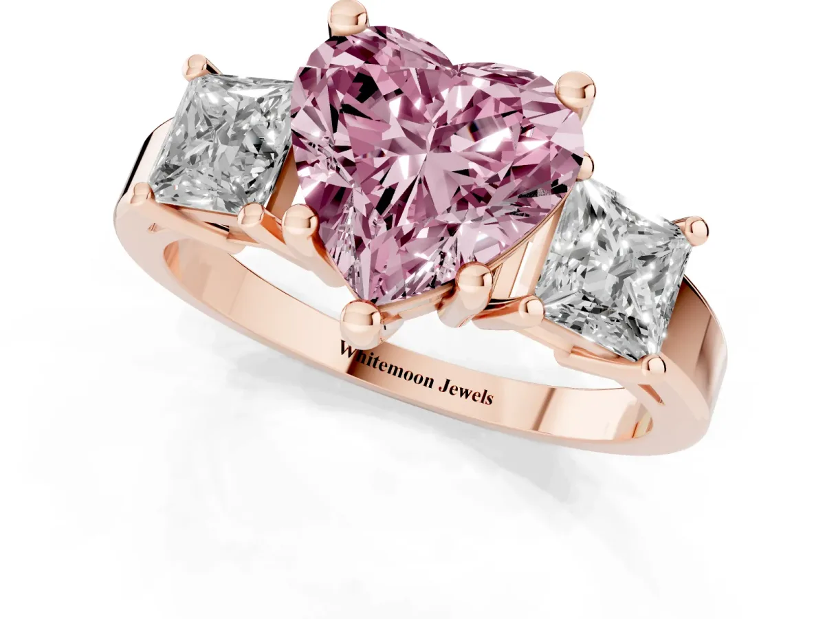 Fancy Pink Three-Stone Heart Cut Cut Solitaire Ring with Prong Setting Rose gold