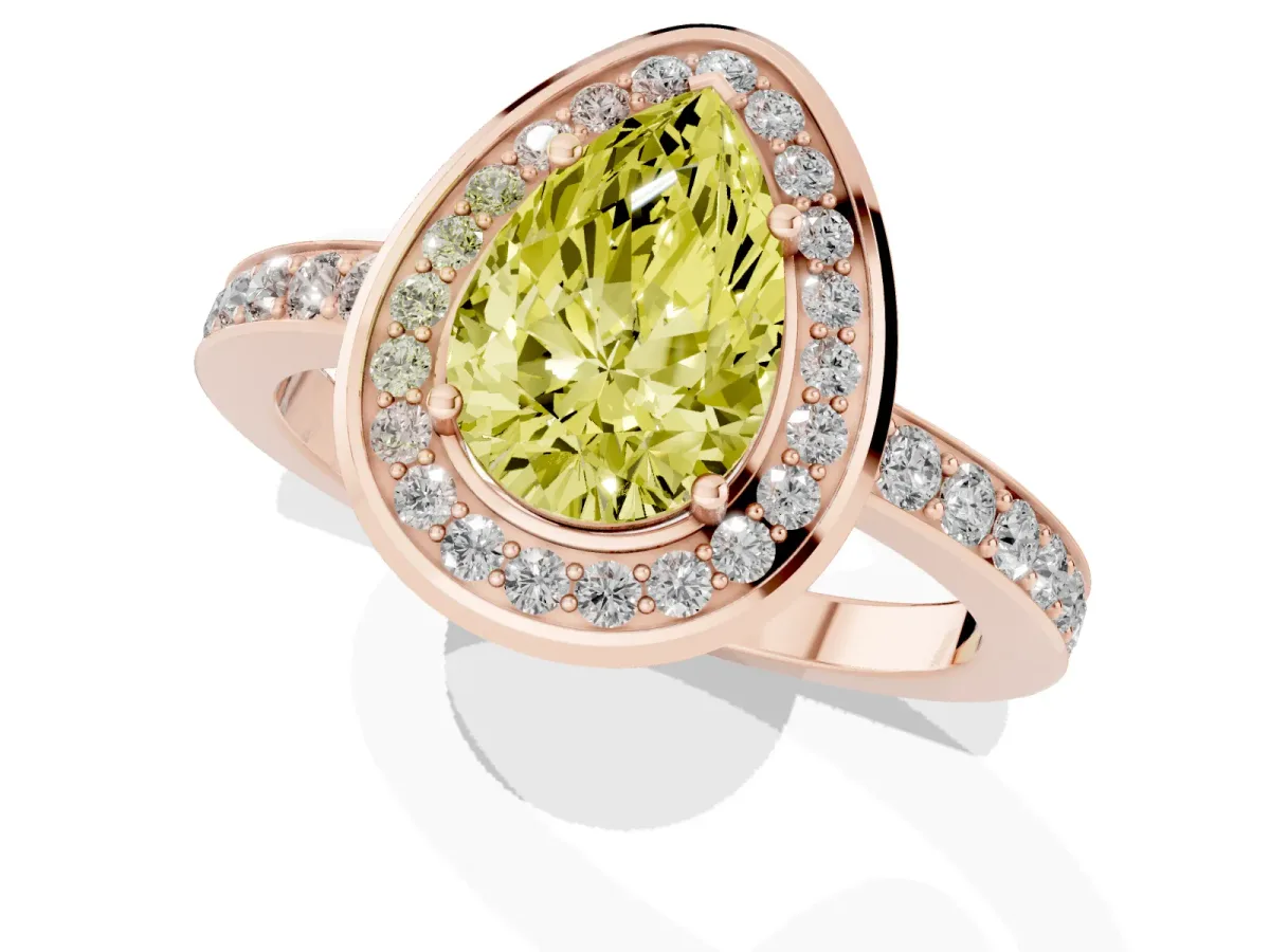 Fancy Yellow Pear Cut Diamond Halo Ring with Bezel Frame and Pavé Band Rose gold