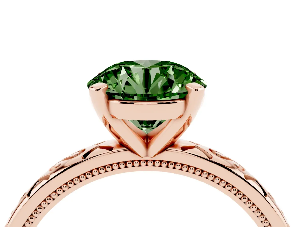 Fancy Green Round Cut Solitaire Engagement Ring with Scrollwork Band and Four-Prong Setting Rose gold