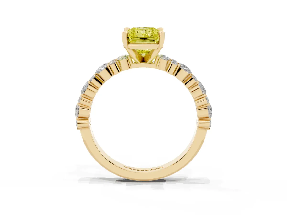 Fancy Yellow Radiant Cut Diamond Side Stone Solitaire Ring with Round and Four-Prong Setting Yellow gold
